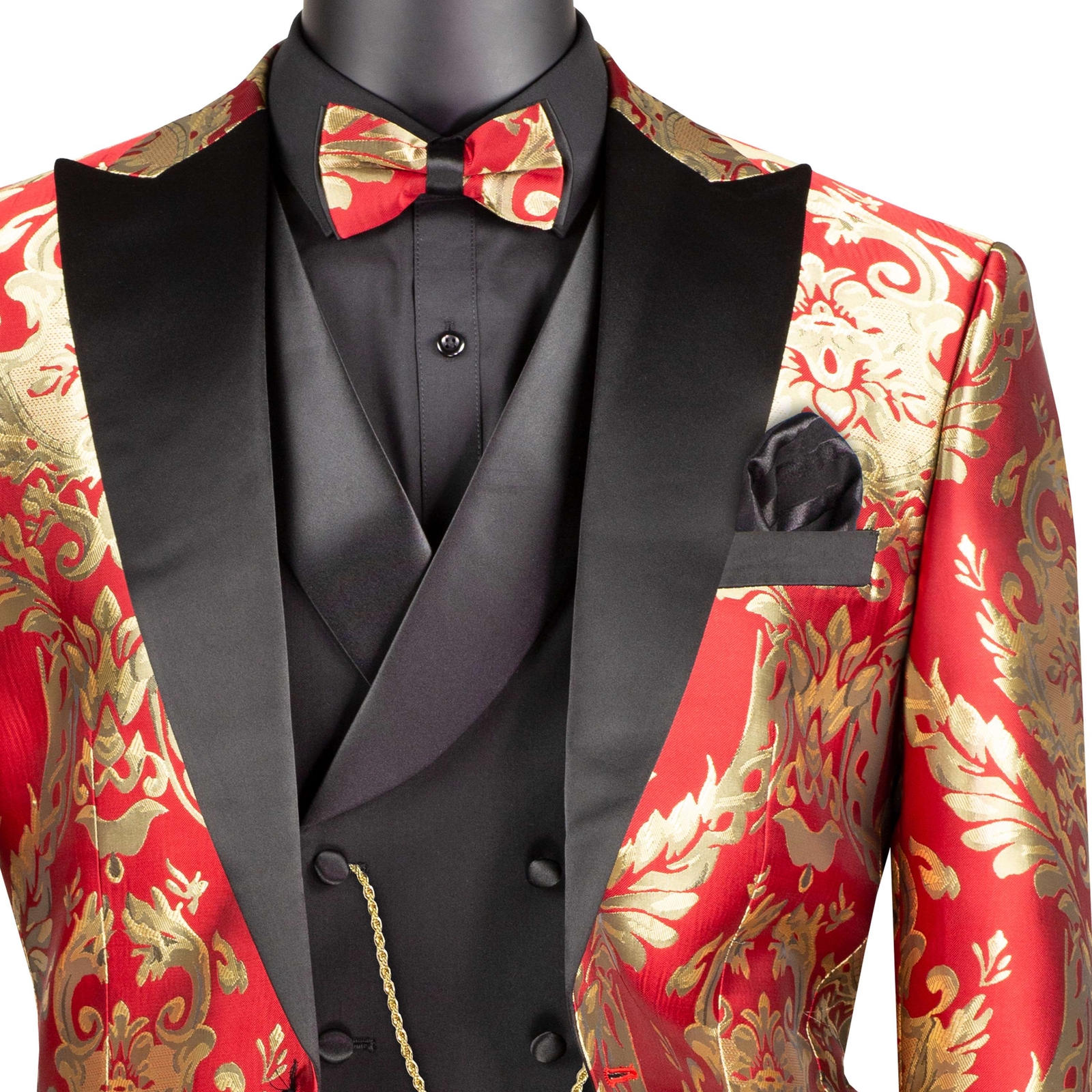 VINCI Men's Red & Gold Modern Fit 3pc Tuxedo Suit w/ Matching BowTie