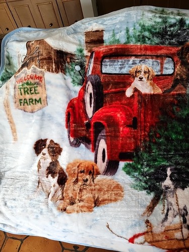 Christmas Red Truck Tree Farm Puppy Throw Blanket 50in X 60in - Picture 5 of 9