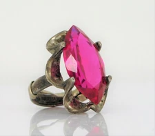 VTG BEAUTIFUL STERLING SILVER ART DECO RED STONE GLASS COCKTAIL RING SZ 4 SIZER