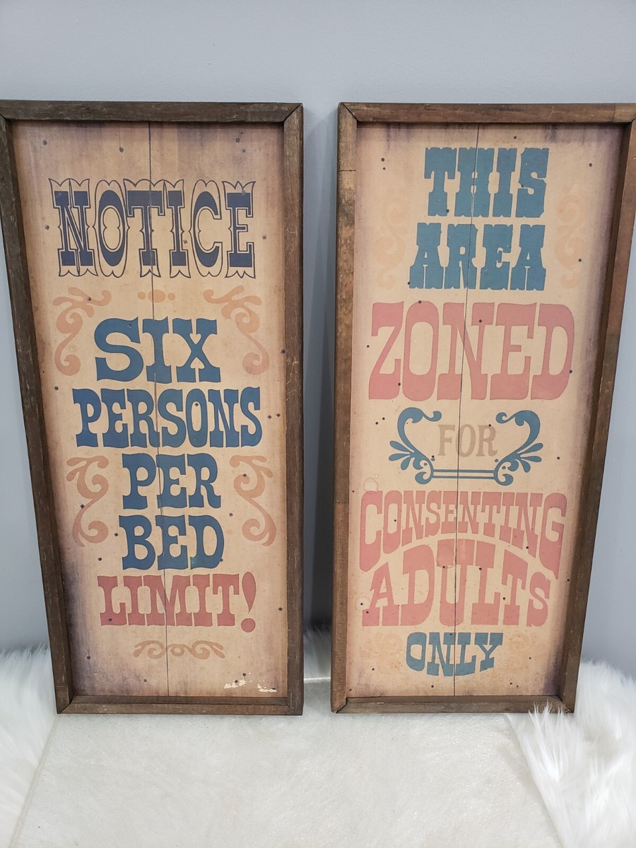 Vintage CONSENTING ADULTS SIX PER BED SIGNS lot swingers playboy 70s pin up  love
