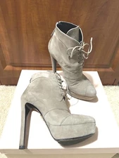 Prada 135mm Gray Taupe Platform Suede Lace Up Bambu Zip Ankle Booties Boots 37