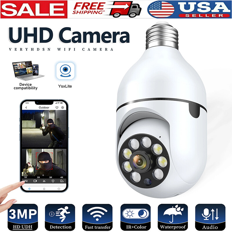 360° 1080P HD E27 Light Bulb Camera Wi-Fi Wireless Smart Home Security IR Cam US