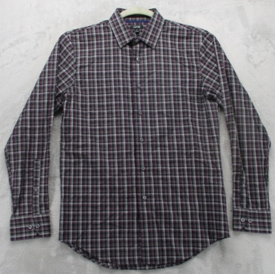 Apt. 9 Button Up Shirt Men's Small Gray Black Purple Geometric Plaid 100% Cotton