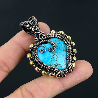 Turquoise Gemstone Copper Wire Wrapped Heart Design Pendant Jewelry LC-217
