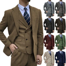 Men's 3Pcs Tweed Suit Vintage Wool Herringbone Formal Tuxedo Suit Custom Size