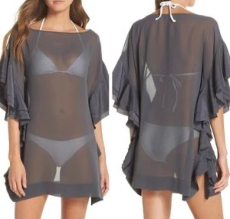 NUEVO CON ETIQUETAS Camisa Ted Baker Cubierta de Natación Talla S Gris Gasa Volantes Transparentes Volantes Foto 2 de 4