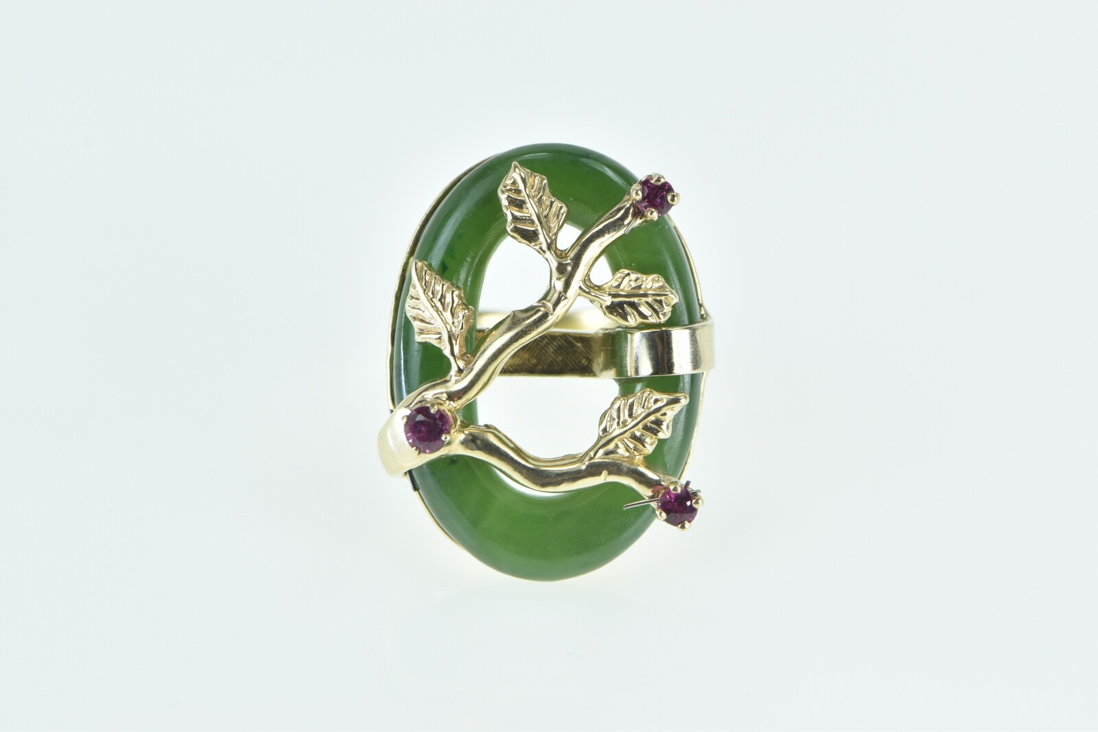 14K Jade Ring Ruby Tree Branch Cherry Blossom Yel… - image 1