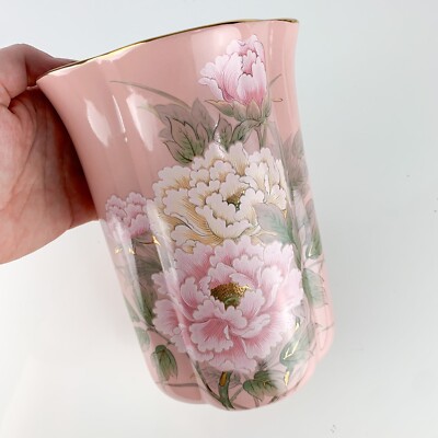 Vintage Toyo Royal Bouquet Victorian Peony Pink Floral Vase Japan Gold Trim