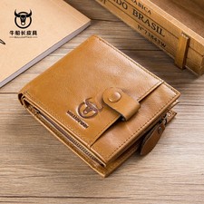 Retro Men Wallet Genuine Leather RFID Blocking Bifold with Zipper Coin Pocket