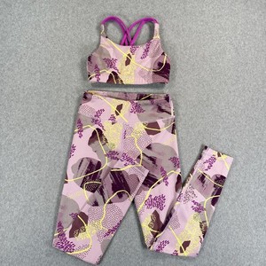 Athleta Girl Outfit Set Girls Medium Pink Printed Chit Chat Tight Leggings Bra