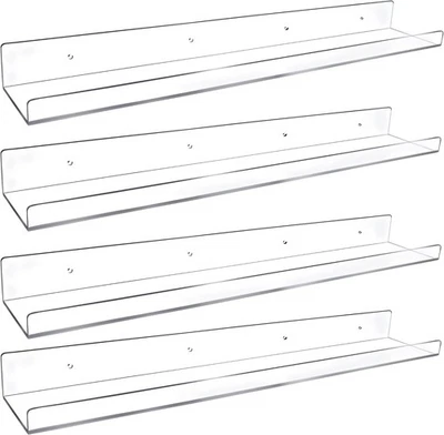 4 Pack 24-Inch Long Clear Acrylic Floating Shelves Wall Ledge Invisible Wall Mou