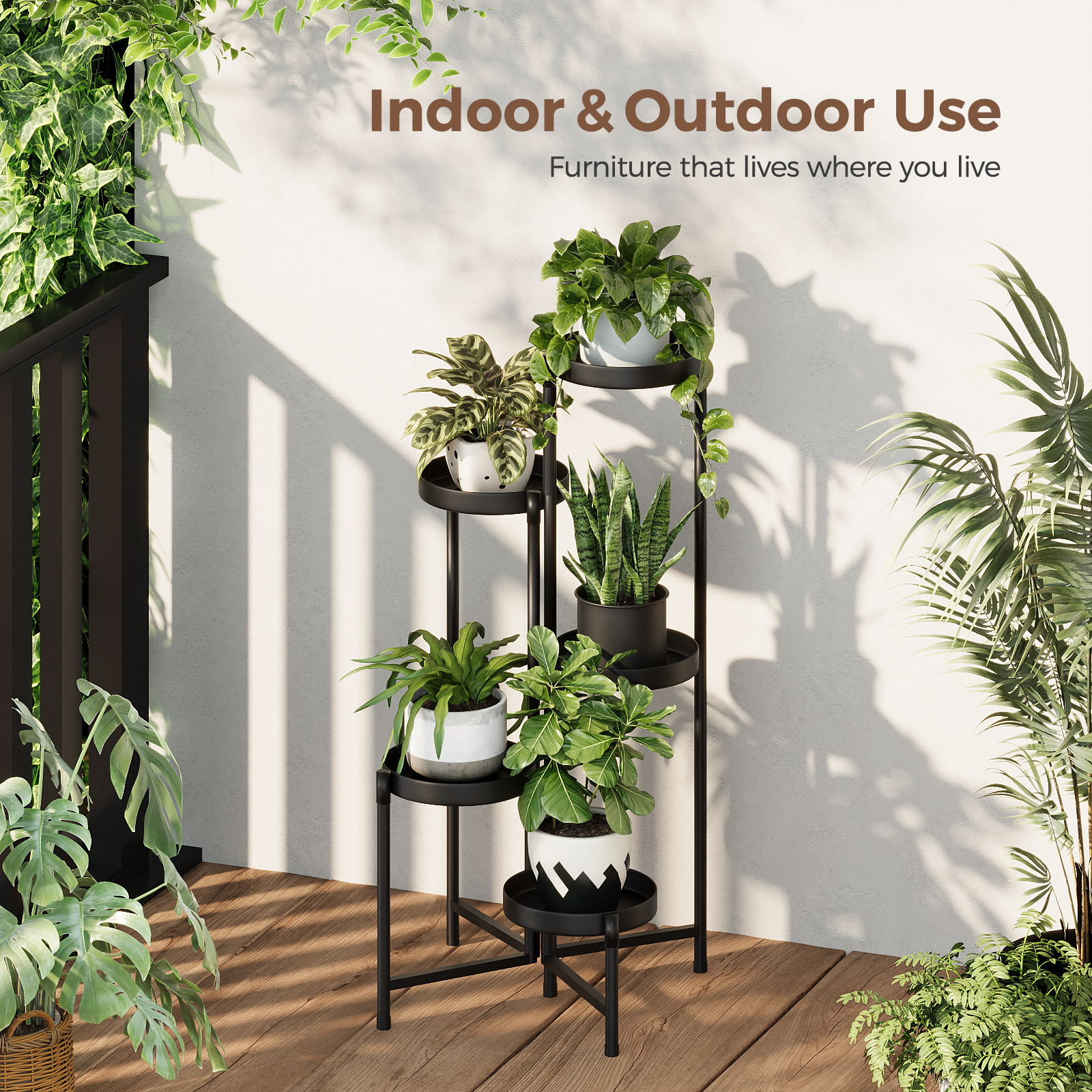 Bamworld Corner Plant Stand Tall Plant Shelf Metal 5 Tier Foldable ...