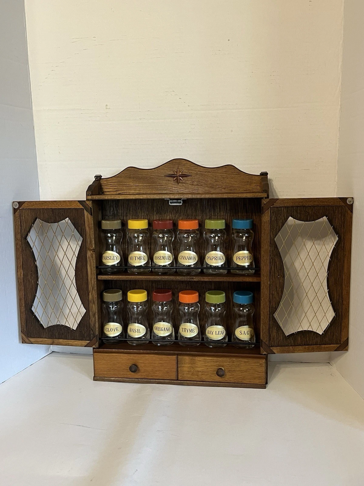 Vintage Wooden Spice Rack With Doors And 2 Drawers 12 Labeled Glass Bottles MCM
Opens in a new windo
