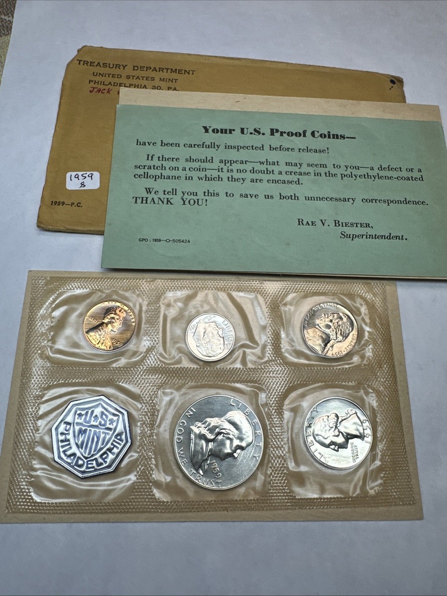 1959 Silver Proof Set US Mint Envelope & COA 90% Silver 5 Coins