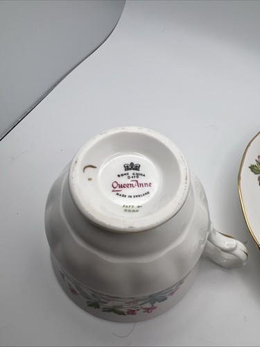 Vintage Queen Anne Bone China Tea Cup and Saucer Pink Floral Green & Blue Stems - Picture 9 of 9