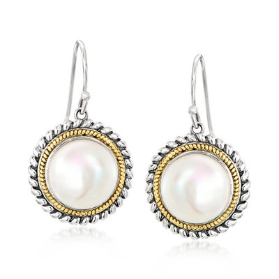 Ross-Simons 10.5-11mm Cult Prl Roped-Edge Drop Earrings in Silver & 14k Gold