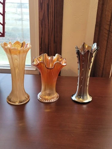 Lot of 3 Vases 2 Dugan 1 Northwood Carnival Glass Vases