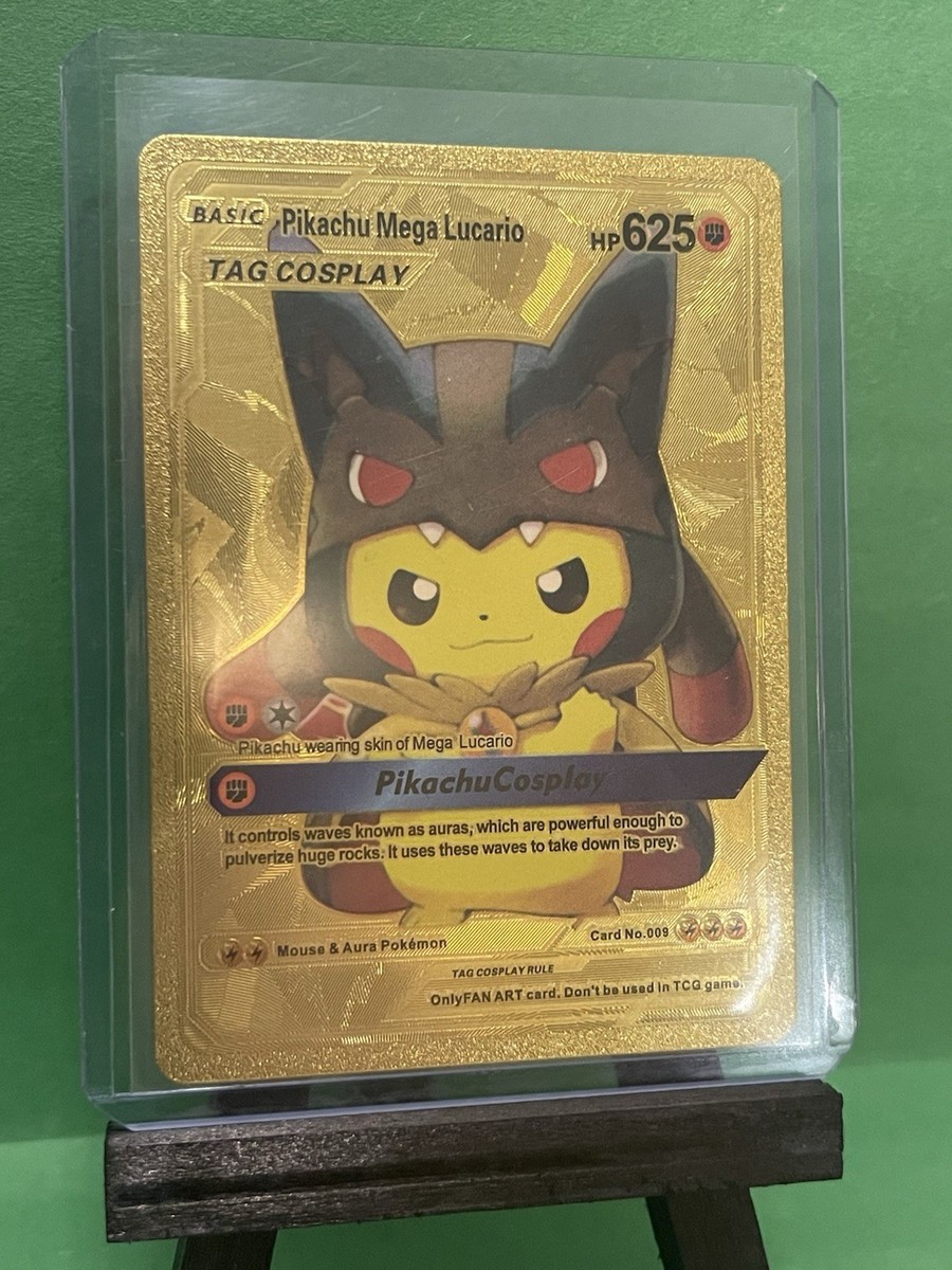 FAN ART Gold Foil Pikachu Mega Lucario Tag Cosplay Pokemon Card