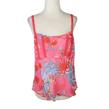 Josie Natori Pink Blue and Red Floral Lace Trim Sheer Cami Tank Top S