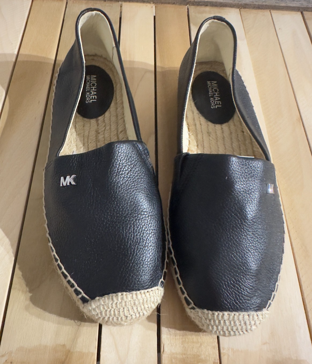 Michael Kors Kendrick Slip on Black Leather Espadrille Flats Sz