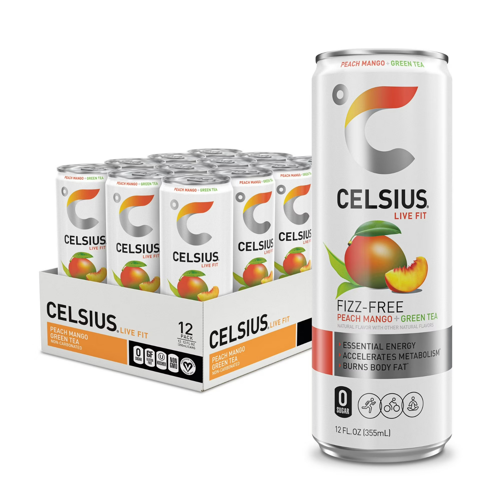 CELSIUS Fizz Free Peach Mango Green Tea, Energy Drink 12 fl oz (Pack 0f 12)