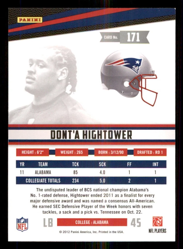 2012 Rookies and Stars #171 Dont'a Hightower RC - Image 2 of 2