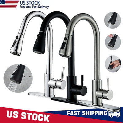 Kitchen Sink Faucet Brushed Nickel Single Handle Swivel Pull Down Sprayer Mixer