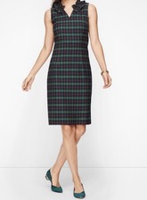 TALBOTS (6) Green Tartan Plaid Ruffled Split Neck Sleeveless Shift Dress Stretch