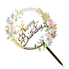 Happy Birthday Cake Topper Flower Party Cake Decoration Floral Glossy Shiny