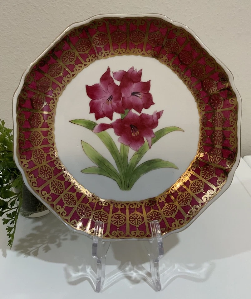 De Colección Acento Oriental Rojo Amaryllis Flor Oro Rosa Plato Decorativo Colgante de Pared Foto 3 de 4
