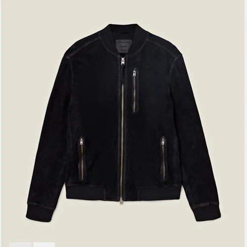 AllSaints Kemble Suede Bomber Jacket Lined Band Collar Zip Black Mens M - product listing photo