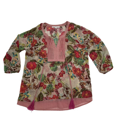 Anthropologie Daniel Rainn sheer Top Womens M Red & cream Floral 3/4 Sleeve Boho