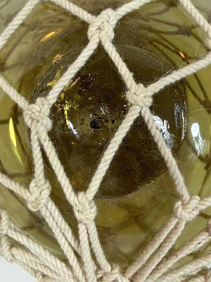 Japanese Glass Fish Floats With Netting Olive Amber 6-7” Diameter Hand Blown Vtg - Image 3 of 4