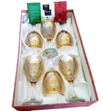 Cristalleria Fratelli Fumo CRYSTAL Glasses Goblet Wine 6 Golden Amber Italy NEW