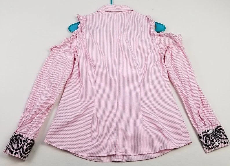 Nanette Lepore 纽扣衬衫女式小号粉色黑色条纹花卉长袖 — 第 3/4 张图片