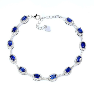 REICHES KORNBLUMENBLAUES KYANIT ARMBAND MIT WEISSEM CZ 925 STERLINGSILBER 14KWGP GRÖSSE 7