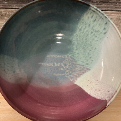 Lee Glazed Clay Salad Bowl/ Candy Dish Purple Teal Light Green 9.5 Inch Diameter
