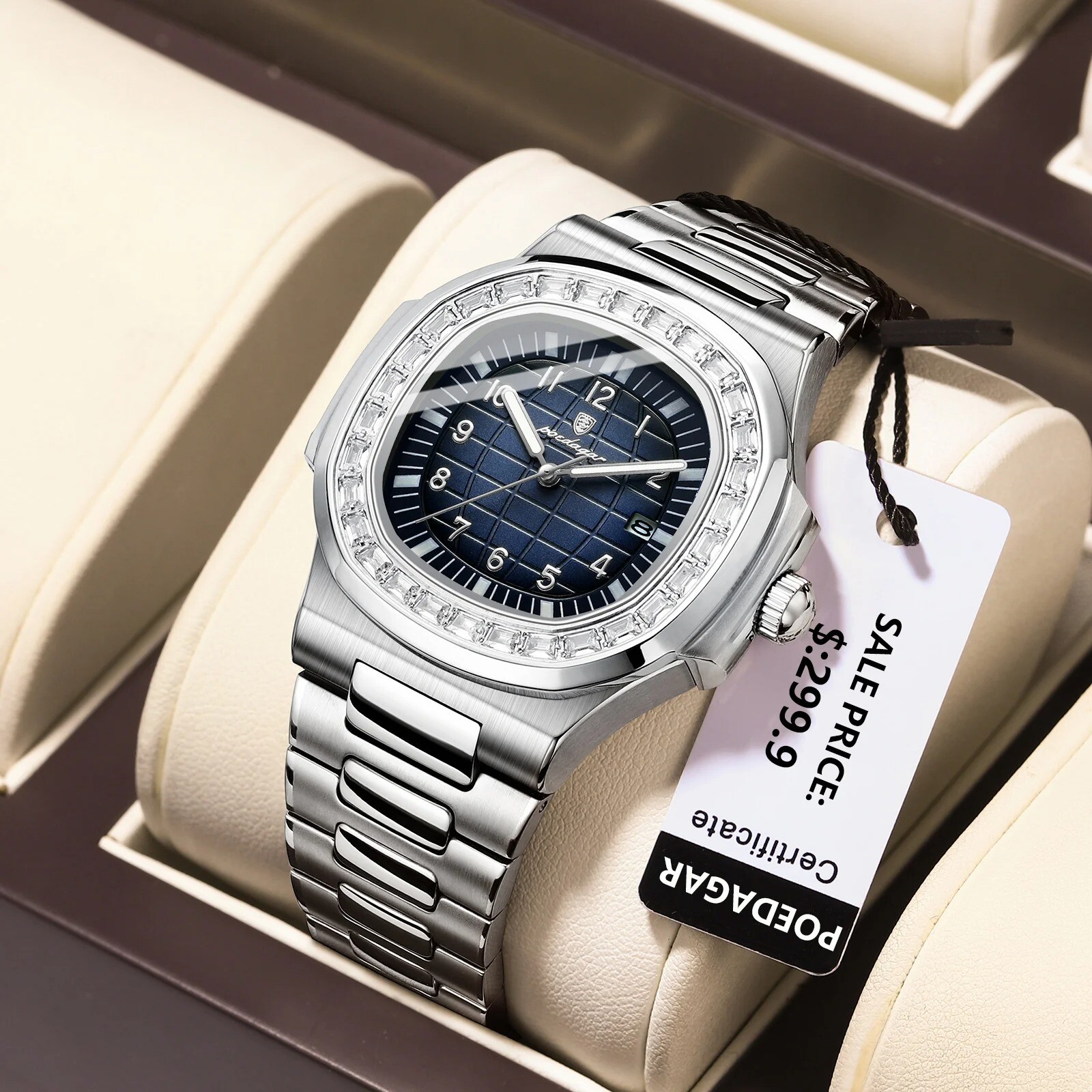Montre à quartz de qualité supérieure avec grand cadran carré argenté