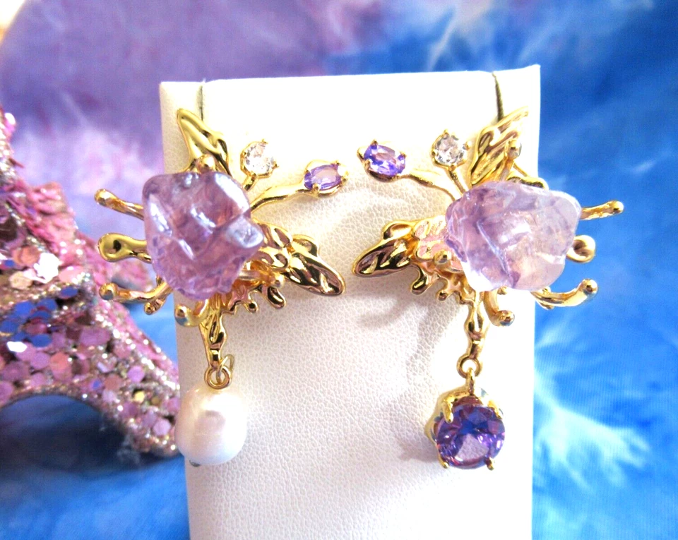 Pendientes Perla Amatista Hada Mariposa Asimétrico Oro Druzy Cuarzo Piedra NUEVO Foto 2 de 4