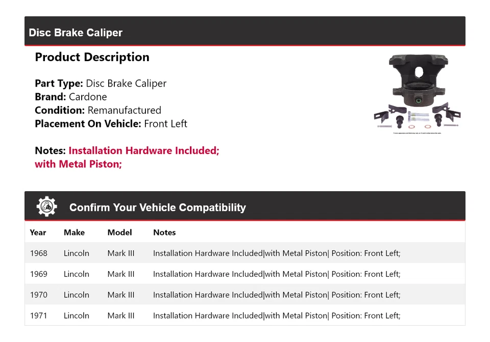 Pinza de freno de disco delantera izquierda cardone 1969 1970 para Lincoln Mark III 1968-1971 Foto 2 de 4