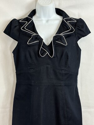 London Times Size 10 Dark Navy Denim Dress Faux Zipper Edged Ruffled  Neckline | eBay