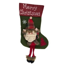 Handmade Christmas Stocking Farmhouse Santa Plaid & Fur Felt & Canvas