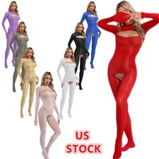 Women's Glossy See-Through Bodysuits Ice Silky One Piece Sheer Catsuit Jumpsuits