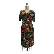 Vtg 80's Cross Front Shirred Waist Rayon Floral USA Made Dress SZ M