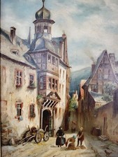 Tolles Antikes 1905 Ölgemälde "Begegnung" - Stadtansicht, signiert L. B.