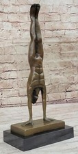Nude Muscular Male Doing Handstand Bronze Statue Sculpture Figure on Marble Base