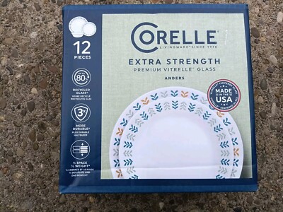 12-Corelle Anders Dinnerware Set Blue-Yellow Gray Design Colors  New In Box Rare