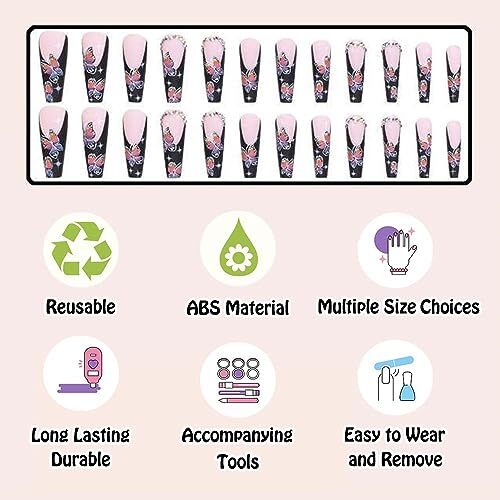 Extra Long Press on Nails Black Coffin French Tip Fake Nails with Rhinestone - Bild 7 von 7