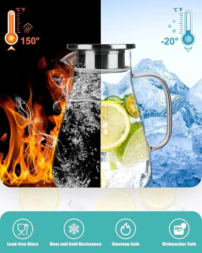 2.2L Glass Water Jug Pitcher Juice Cocktail Tea Carafe with Stainless Steel Lid - Image 4 of 4