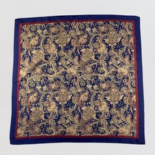 Vintage 100 Silk Paisley Scarf Square Blue Red Gold Large 33" Hand Rolled Hem